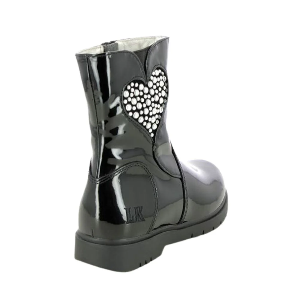 Lelli Kelly LK2324 (DB01) Marina Black Patent Leather Diamante Heart Boots - Image 2